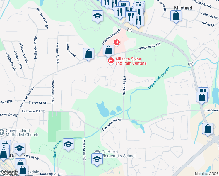 map of restaurants, bars, coffee shops, grocery stores, and more near 133 Wellbrook Court Northeast in Conyers