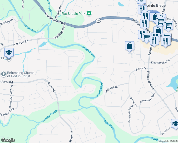 map of restaurants, bars, coffee shops, grocery stores, and more near 3600 River Edge Court in Decatur