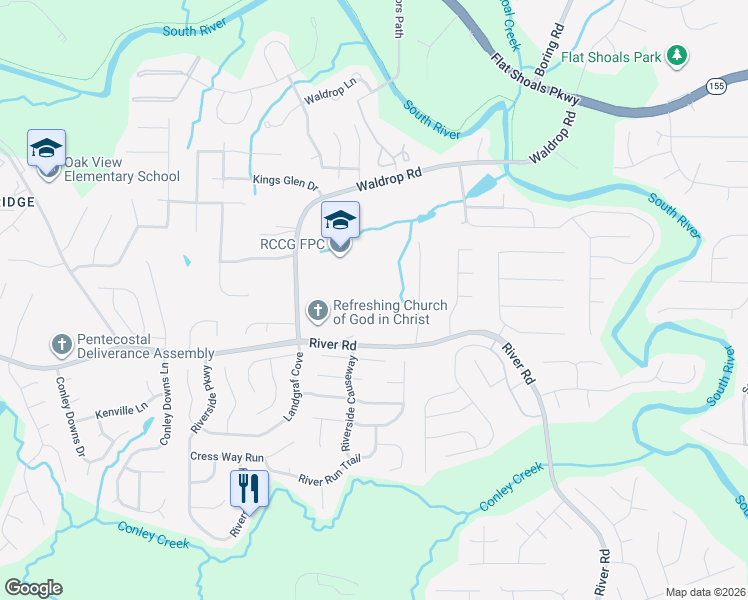 map of restaurants, bars, coffee shops, grocery stores, and more near 3376 River Road in Decatur