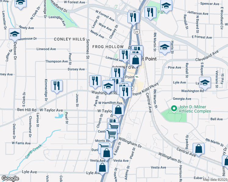 map of restaurants, bars, coffee shops, grocery stores, and more near 1683 Washington Road in East Point