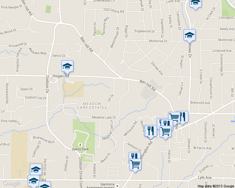 map of restaurants, bars, coffee shops, grocery stores, and more near 2404 Hogan Road in East Point