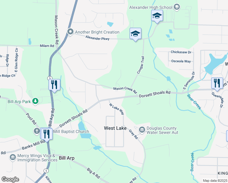 map of restaurants, bars, coffee shops, grocery stores, and more near 6737 Mason Creek Road in Douglasville