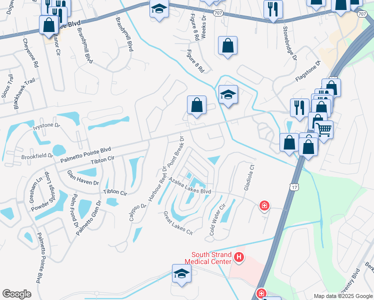 map of restaurants, bars, coffee shops, grocery stores, and more near 105 Point Break Drive in Myrtle Beach