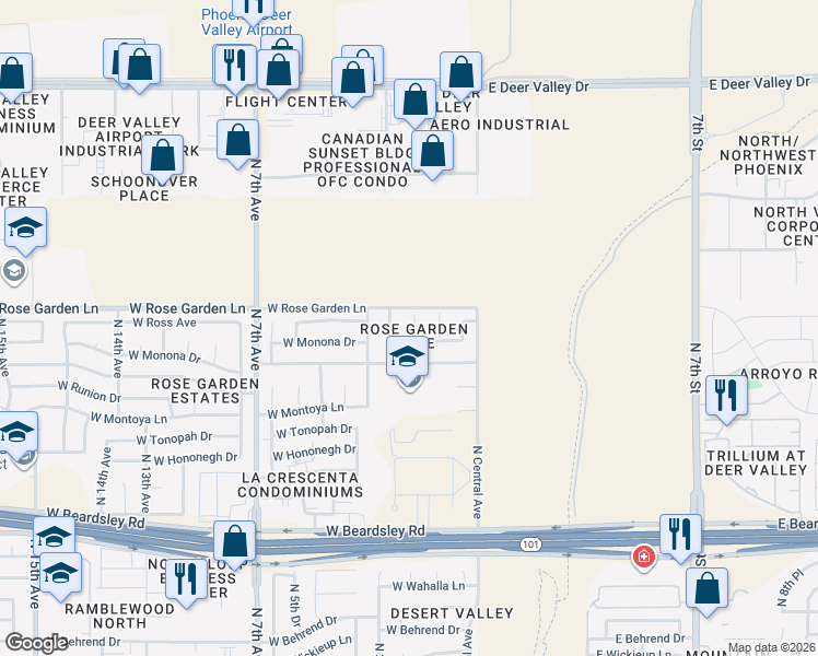 map of restaurants, bars, coffee shops, grocery stores, and more near 20822 North 1st Lane in Phoenix