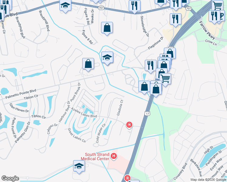 map of restaurants, bars, coffee shops, grocery stores, and more near 125 Dry Valley Loop in Myrtle Beach