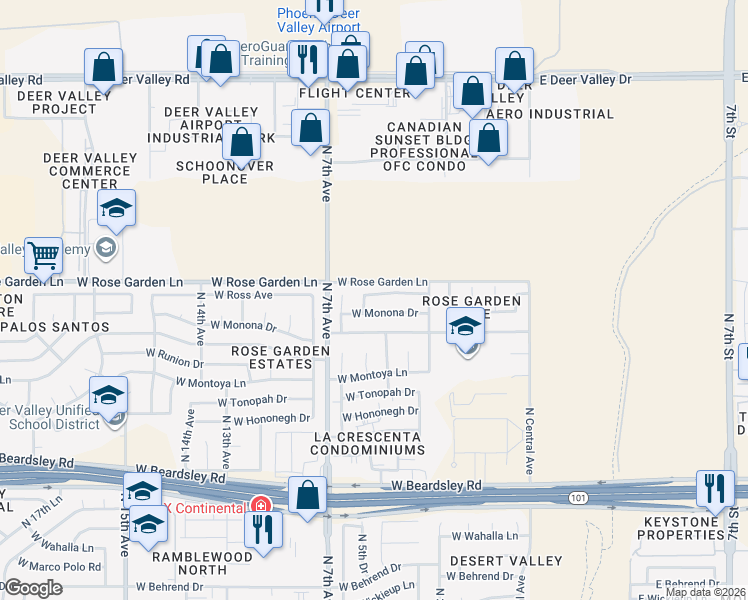 map of restaurants, bars, coffee shops, grocery stores, and more near 510 West Ross Avenue in Phoenix
