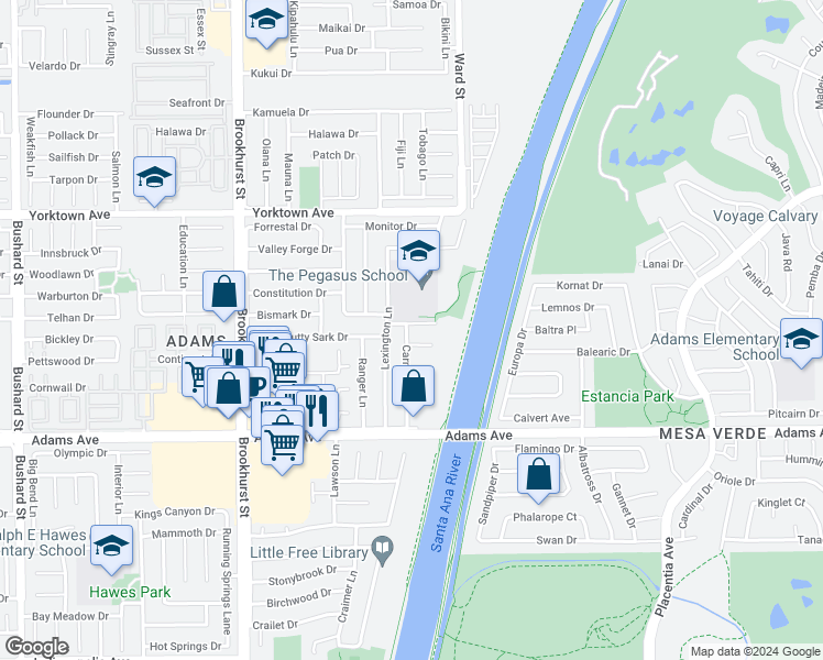 map of restaurants, bars, coffee shops, grocery stores, and more near 10362 Shalom Drive in Huntington Beach