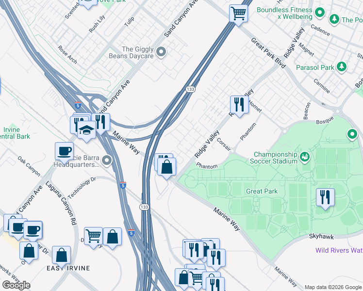 map of restaurants, bars, coffee shops, grocery stores, and more near 215 Carlow in Irvine