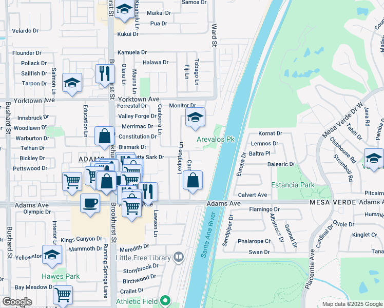 map of restaurants, bars, coffee shops, grocery stores, and more near 10362 Shalom Drive in Huntington Beach