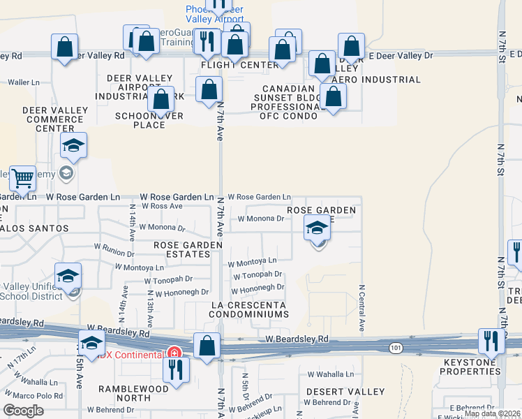 map of restaurants, bars, coffee shops, grocery stores, and more near 410 West Ross Avenue in Phoenix