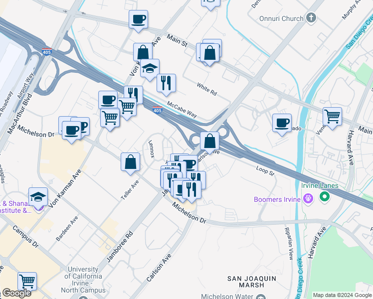 map of restaurants, bars, coffee shops, grocery stores, and more near 202 Tribeca in Irvine