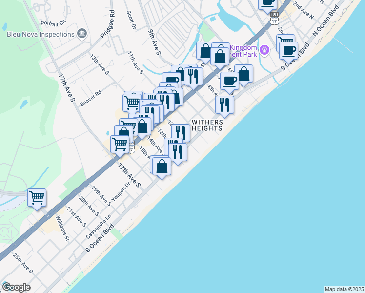 map of restaurants, bars, coffee shops, grocery stores, and more near 1200 South Ocean Boulevard in Myrtle Beach