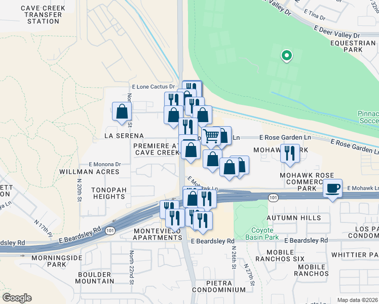 map of restaurants, bars, coffee shops, grocery stores, and more near 20835 North Cave Creek Road in Phoenix