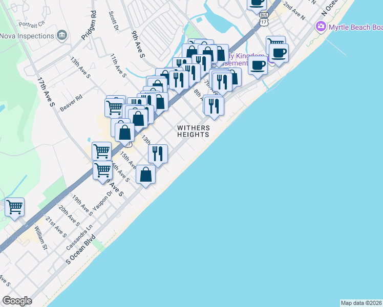 map of restaurants, bars, coffee shops, grocery stores, and more near 1007 South Ocean Boulevard in Myrtle Beach