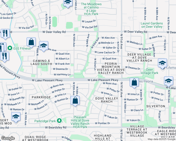 map of restaurants, bars, coffee shops, grocery stores, and more near 9351 West Deanna Drive in Peoria