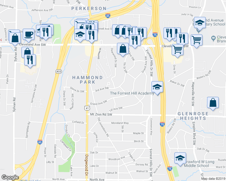 map of restaurants, bars, coffee shops, grocery stores, and more near 2886 3rd Avenue Southwest in Atlanta
