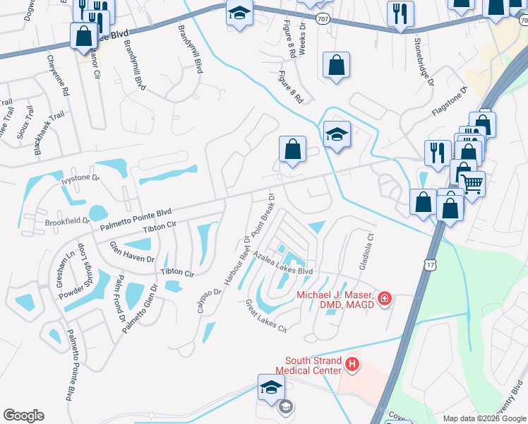 map of restaurants, bars, coffee shops, grocery stores, and more near 105 Point Break Drive in Myrtle Beach