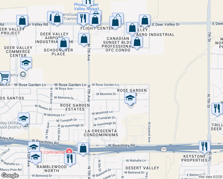 map of restaurants, bars, coffee shops, grocery stores, and more near 401 West Ross Avenue in Phoenix