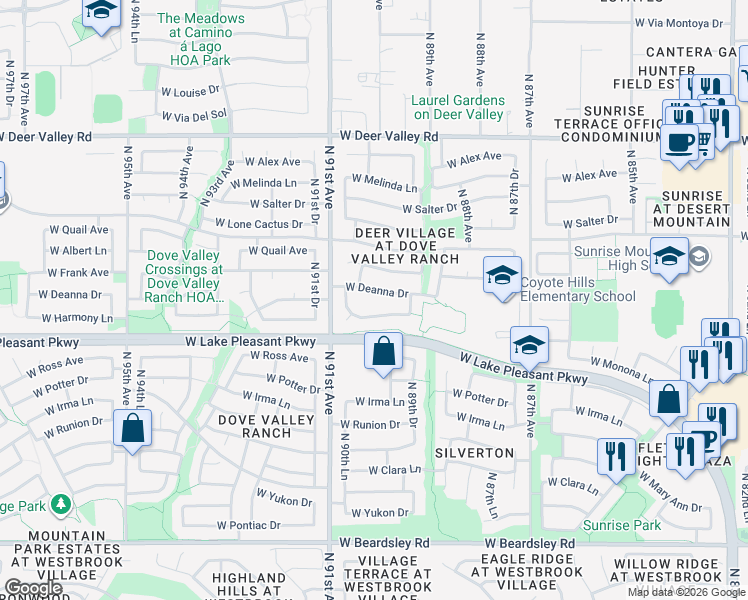 map of restaurants, bars, coffee shops, grocery stores, and more near 8940 West Deanna Drive in Peoria