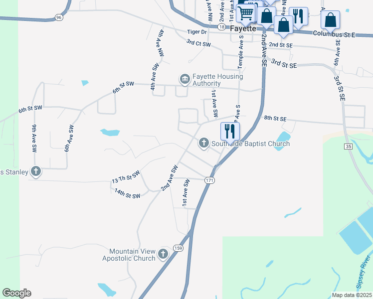 map of restaurants, bars, coffee shops, grocery stores, and more near 199 2nd Avenue Southwest in Fayette