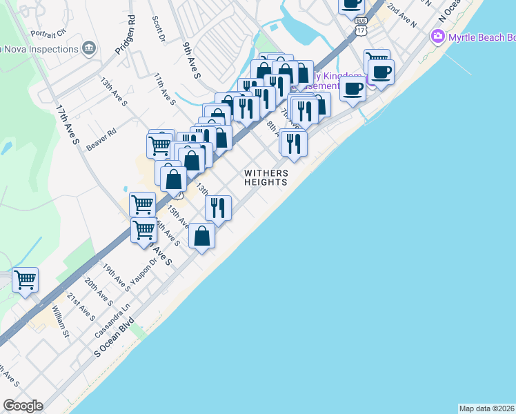 map of restaurants, bars, coffee shops, grocery stores, and more near 1007 South Ocean Boulevard in Myrtle Beach