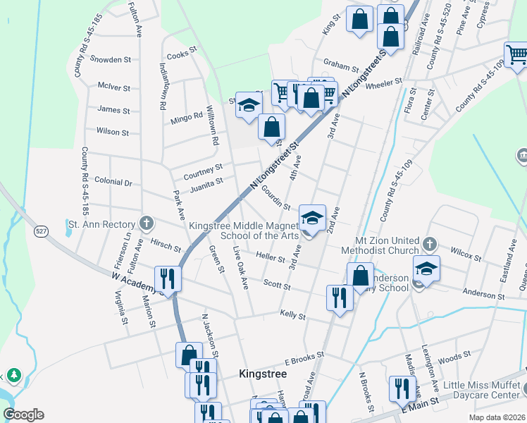 map of restaurants, bars, coffee shops, grocery stores, and more near 112 Gourdin Street in Kingstree