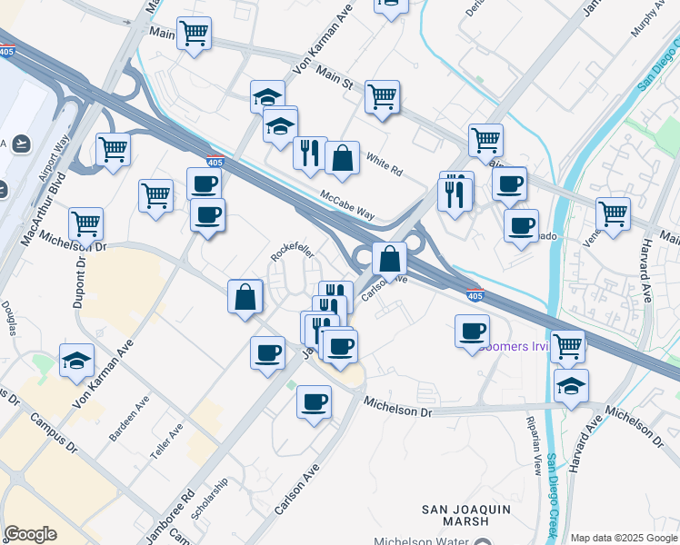 map of restaurants, bars, coffee shops, grocery stores, and more near 107 Bowery in Irvine