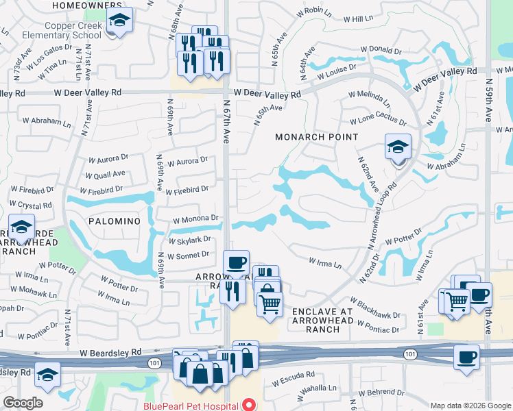 map of restaurants, bars, coffee shops, grocery stores, and more near 6648 West Rose Garden Lane in Glendale