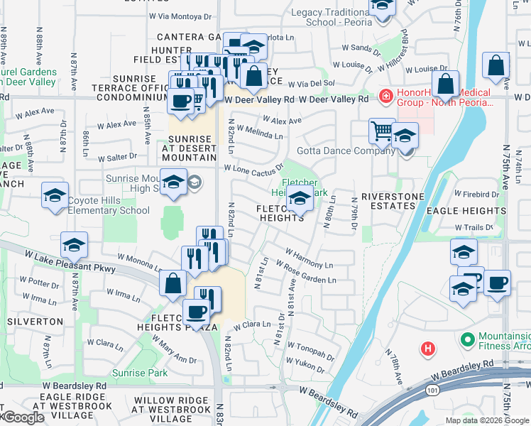 map of restaurants, bars, coffee shops, grocery stores, and more near in Peoria