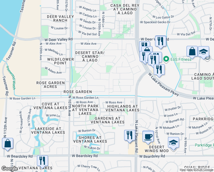 map of restaurants, bars, coffee shops, grocery stores, and more near North 103rd Lane in Peoria