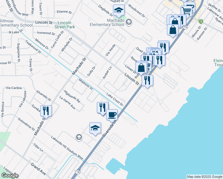 map of restaurants, bars, coffee shops, grocery stores, and more near 15177 Lincoln Street in Lake Elsinore