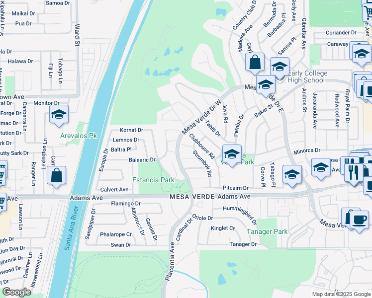 map of restaurants, bars, coffee shops, grocery stores, and more near 1862 Elba Circle in Costa Mesa
