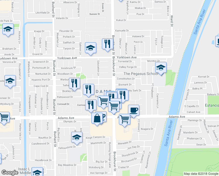 map of restaurants, bars, coffee shops, grocery stores, and more near in Huntington Beach