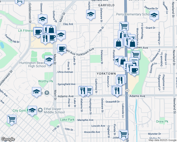 map of restaurants, bars, coffee shops, grocery stores, and more near 216 Venice Avenue in Huntington Beach