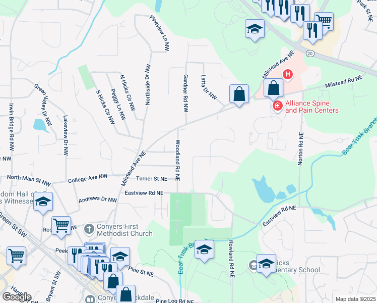 map of restaurants, bars, coffee shops, grocery stores, and more near 1216 Valley Drive Northeast in Conyers