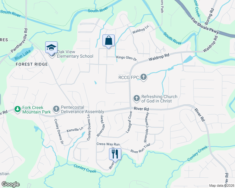 map of restaurants, bars, coffee shops, grocery stores, and more near 3675 Waldrop Farms Drive in Decatur