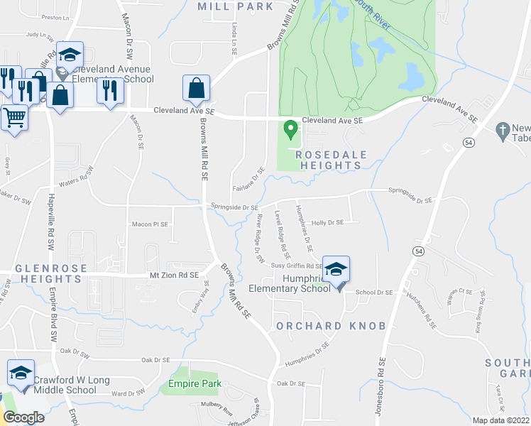 map of restaurants, bars, coffee shops, grocery stores, and more near 256 Springside Drive Southeast in Atlanta