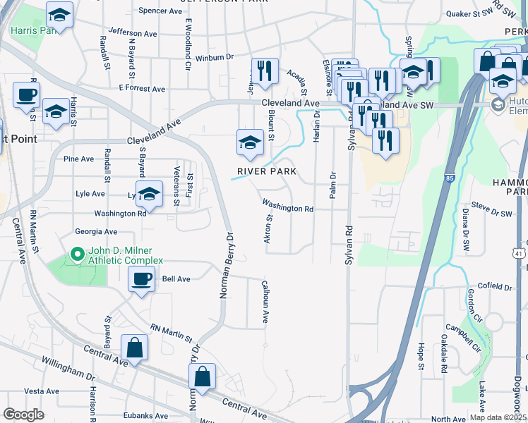 map of restaurants, bars, coffee shops, grocery stores, and more near 2873 Akron Street in East Point