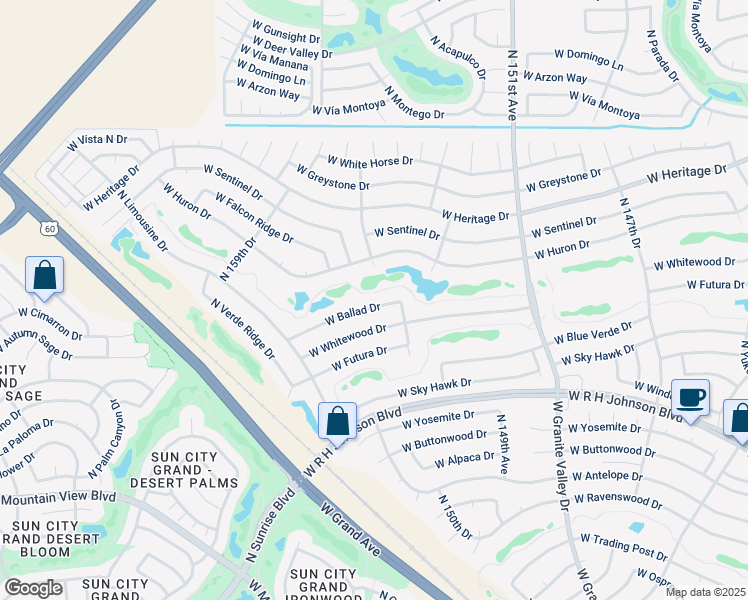 map of restaurants, bars, coffee shops, grocery stores, and more near 15526 West Ballad Drive in Sun City West