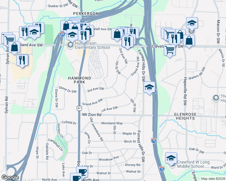 map of restaurants, bars, coffee shops, grocery stores, and more near 2905 4th Street Southwest in Atlanta