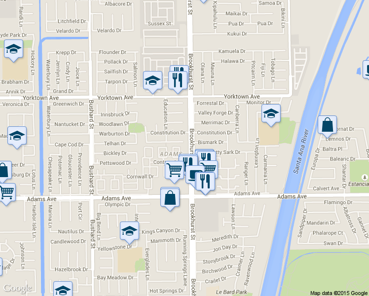 map of restaurants, bars, coffee shops, grocery stores, and more near 19752 Kingswood Lane in Huntington Beach