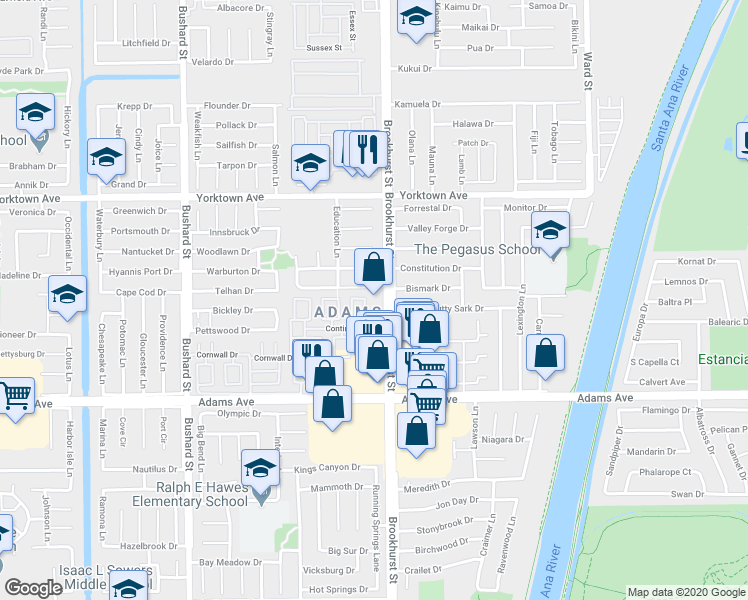 map of restaurants, bars, coffee shops, grocery stores, and more near 19750 Kingswood Lane in Huntington Beach