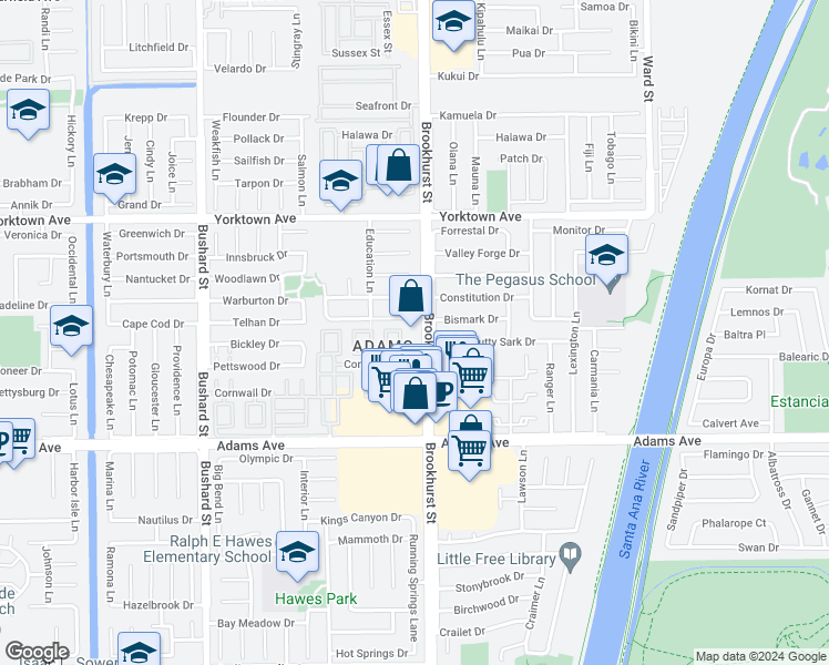 map of restaurants, bars, coffee shops, grocery stores, and more near in Huntington Beach