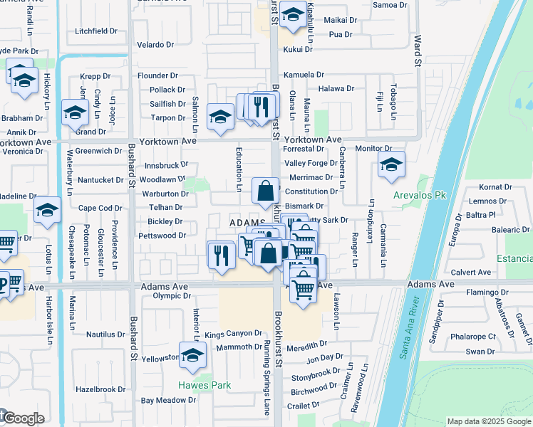 map of restaurants, bars, coffee shops, grocery stores, and more near 19752 Kingswood Lane in Huntington Beach