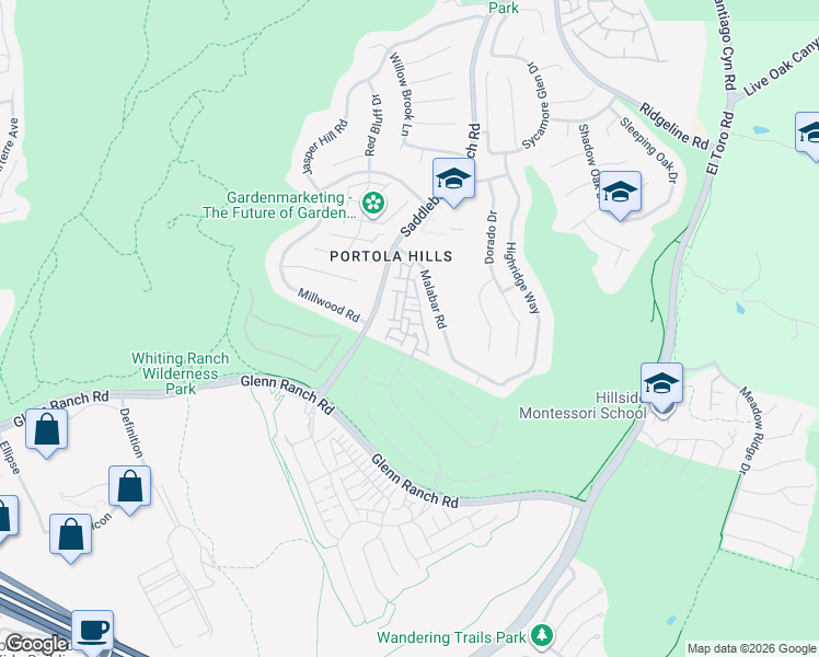 map of restaurants, bars, coffee shops, grocery stores, and more near 28521 Trento Way in Trabuco Canyon