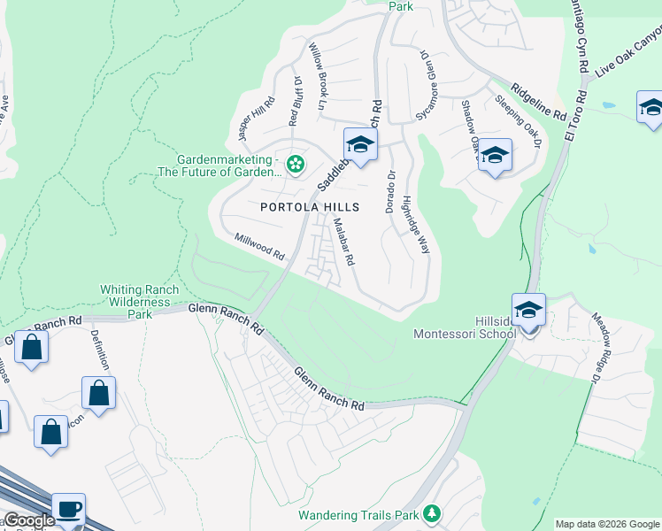 map of restaurants, bars, coffee shops, grocery stores, and more near 28521 Trento Way in Trabuco Canyon