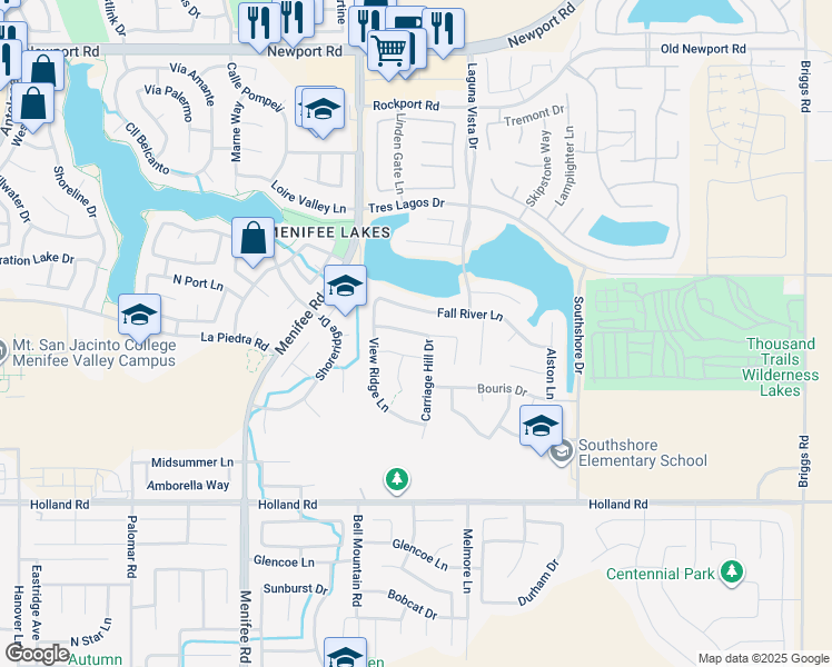 map of restaurants, bars, coffee shops, grocery stores, and more near Hidden Meadow Drive in Menifee