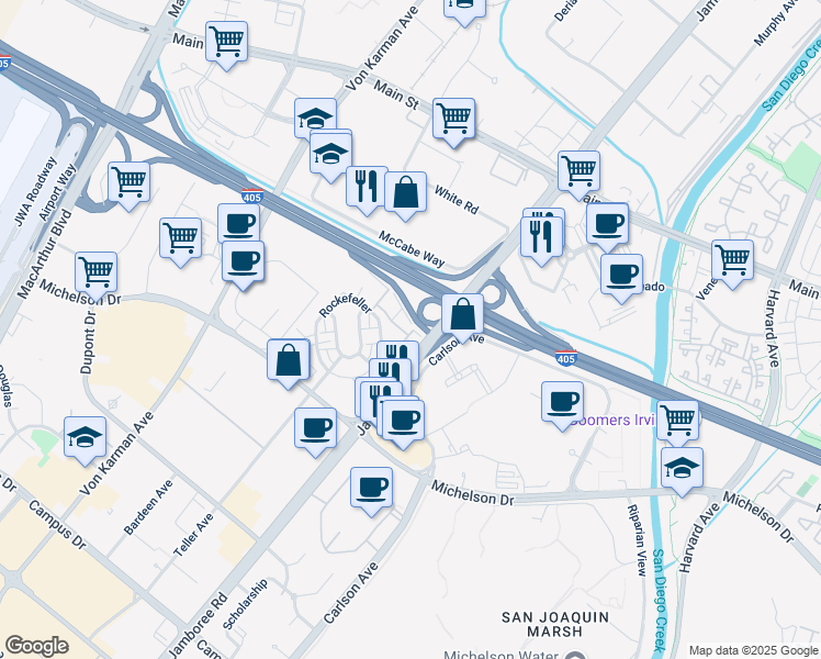 map of restaurants, bars, coffee shops, grocery stores, and more near 107 Bowery in Irvine