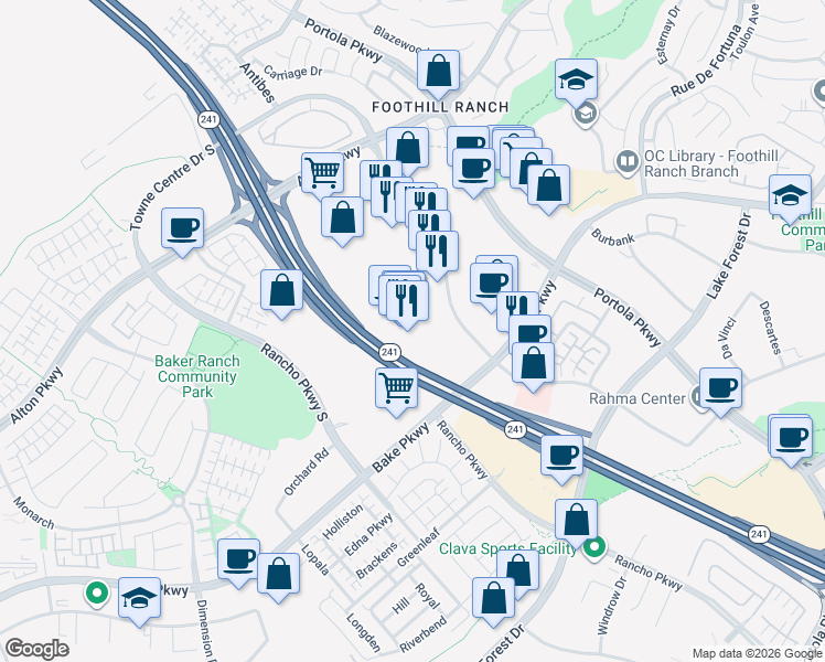 map of restaurants, bars, coffee shops, grocery stores, and more near in Lake Forest