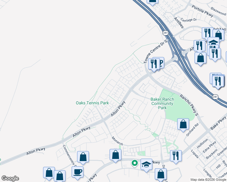 map of restaurants, bars, coffee shops, grocery stores, and more near 32 Torosa in Lake Forest